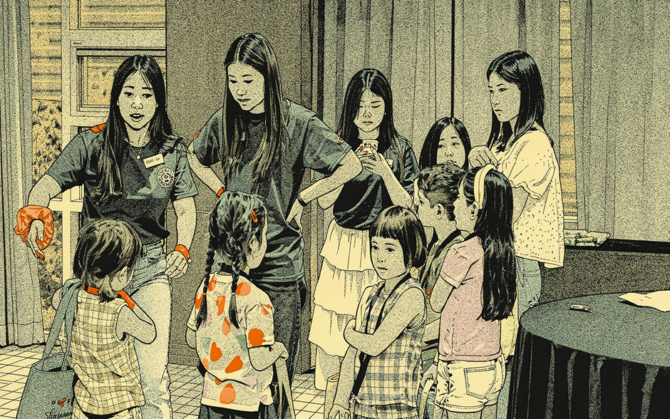 Illustrated scene of young students gathering