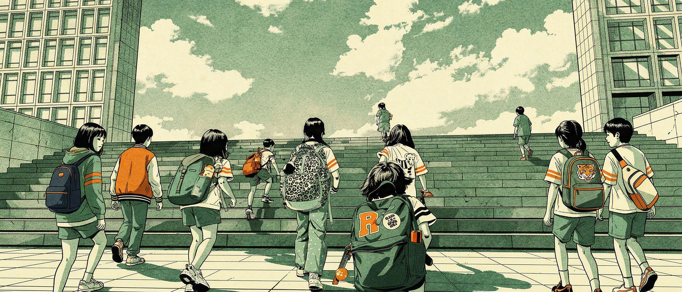 Illustrated panoramic scene of students at summer camp