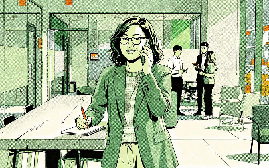 Illustrated scene of an education concierge on a phone call with notes in a modern office