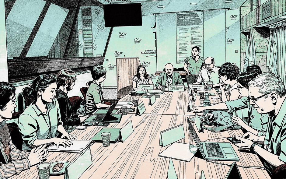 Illustrated scene of educators in a curriculum planning conference