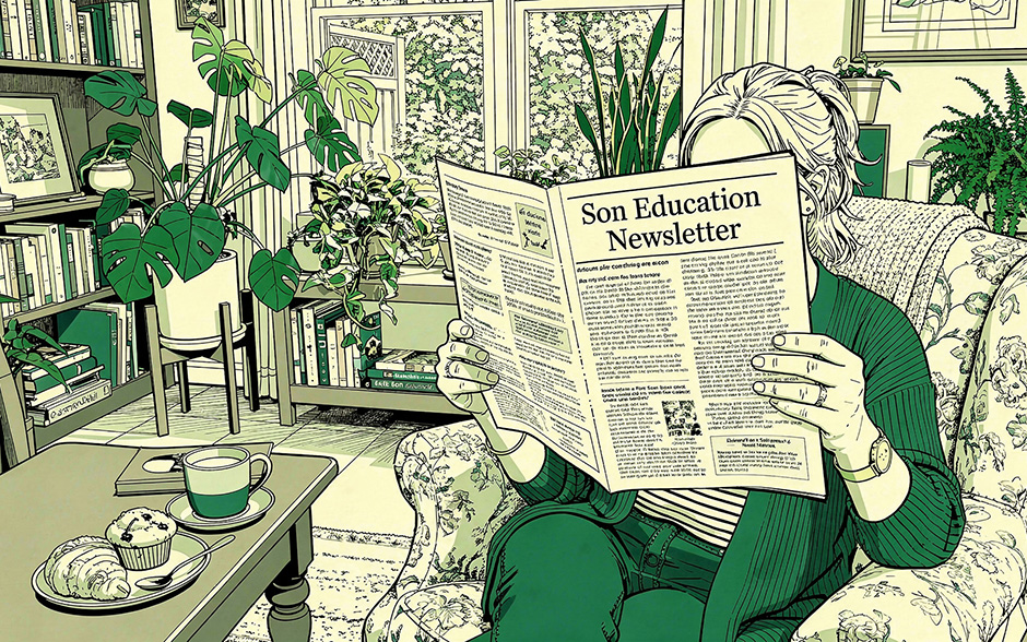 Illustrated scene of person reading Son Education Newsletter