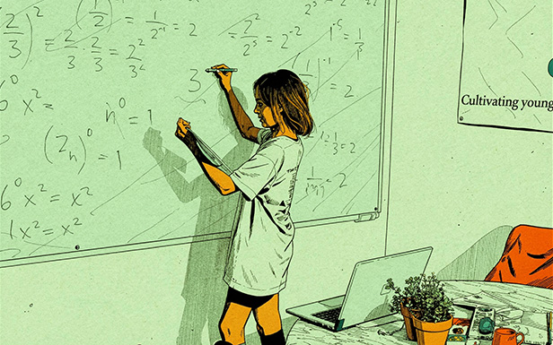 Illustrated scene of a girl working through math equations at a whiteboard