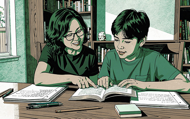 Illustrated scene of a tutor and student reading together