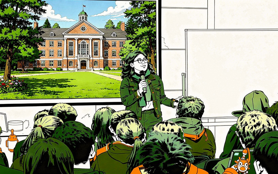 Illustrated educator presenting to audience at a professional development session